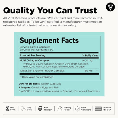 Multi Collagen for Women & Men - Type I, II, III, V, X - Grass Fed, Non-Gmo - 150 Capsules