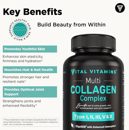 Multi Collagen for Women & Men - Type I, II, III, V, X - Grass Fed, Non-Gmo - 150 Capsules