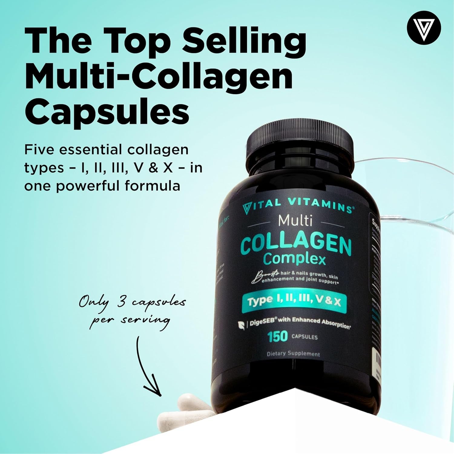 Multi Collagen for Women & Men - Type I, II, III, V, X - Grass Fed, Non-Gmo - 150 Capsules