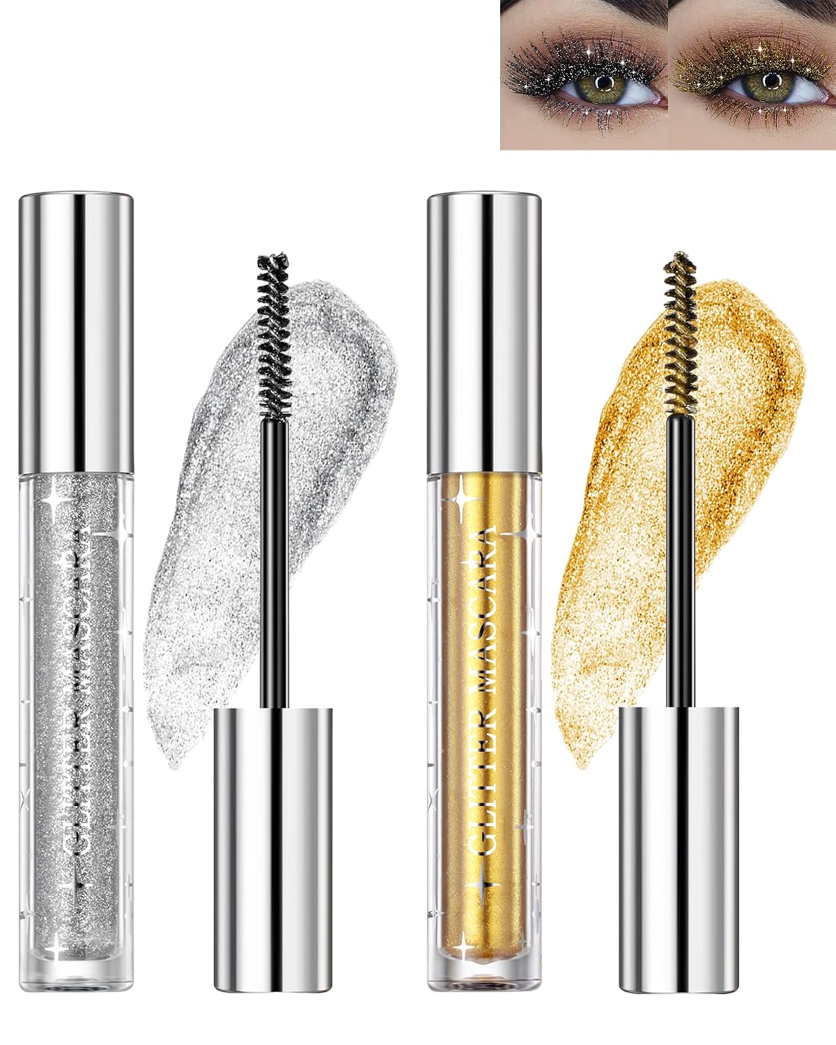 Mascara Glitter Diamante colores plata dorado morado resistente al agua