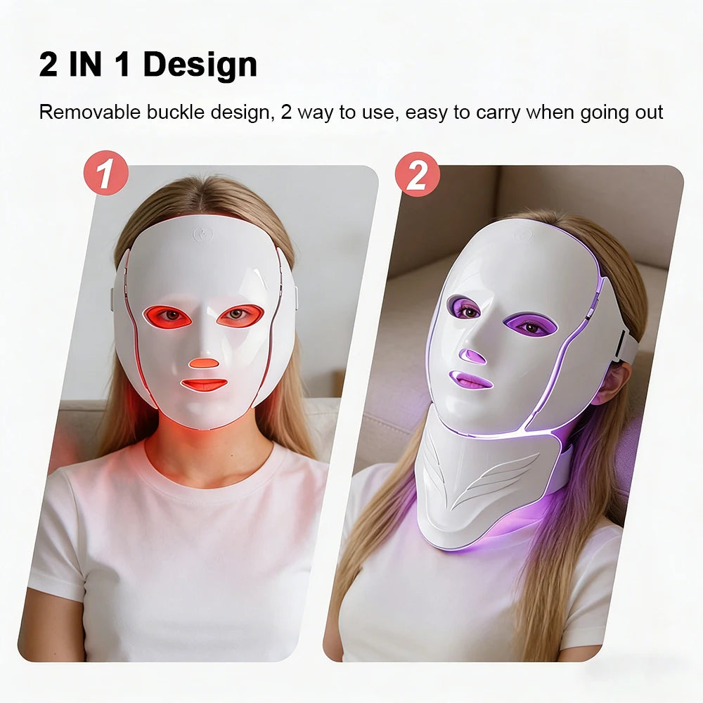 Wireless 7 Colors LED Face Neck Beauty Mask Removable Buckle Design Skin Firming Brightening Rejuvenation anti Aging Skin Care