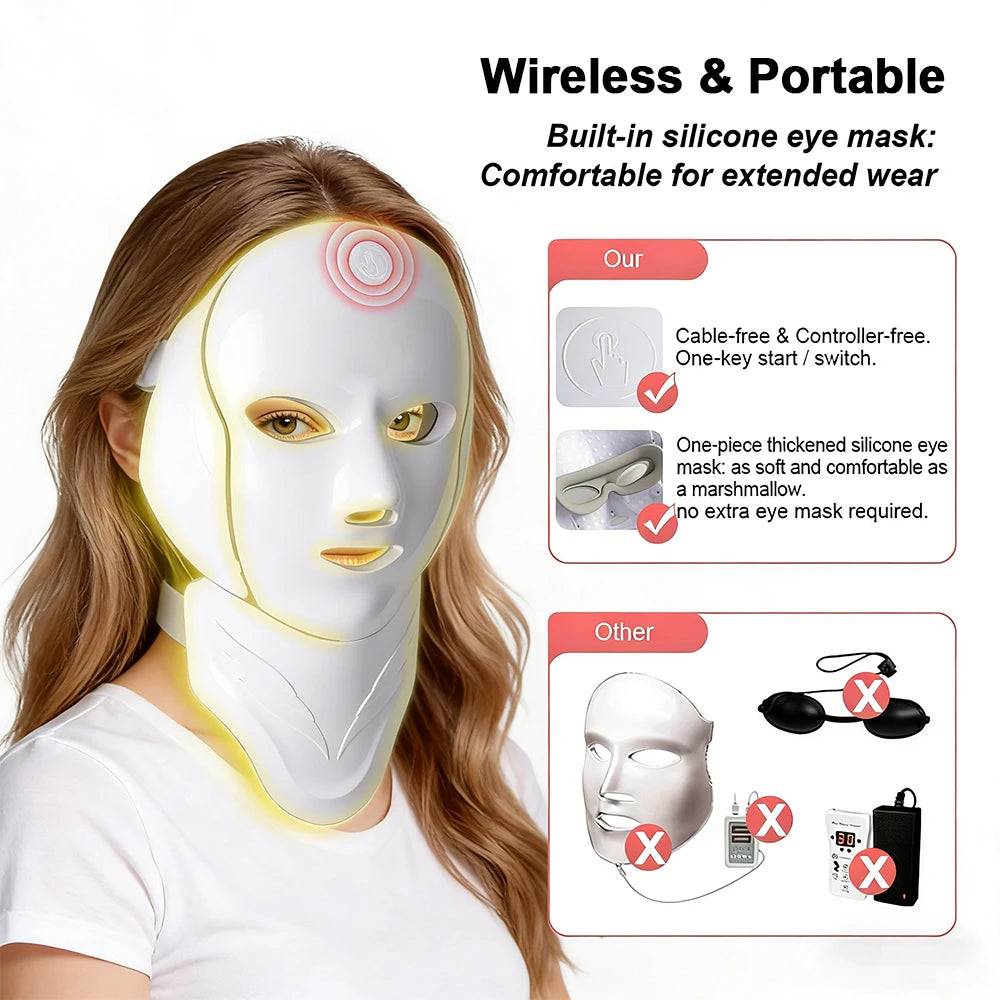 Wireless 7 Colors LED Face Neck Beauty Mask Removable Buckle Design Skin Firming Brightening Rejuvenation anti Aging Skin Care