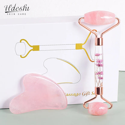 Set Gua Sha cuarzo rosa rodillo jade