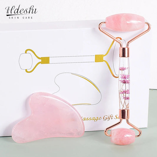 Set Gua Sha cuarzo rosa rodillo jade