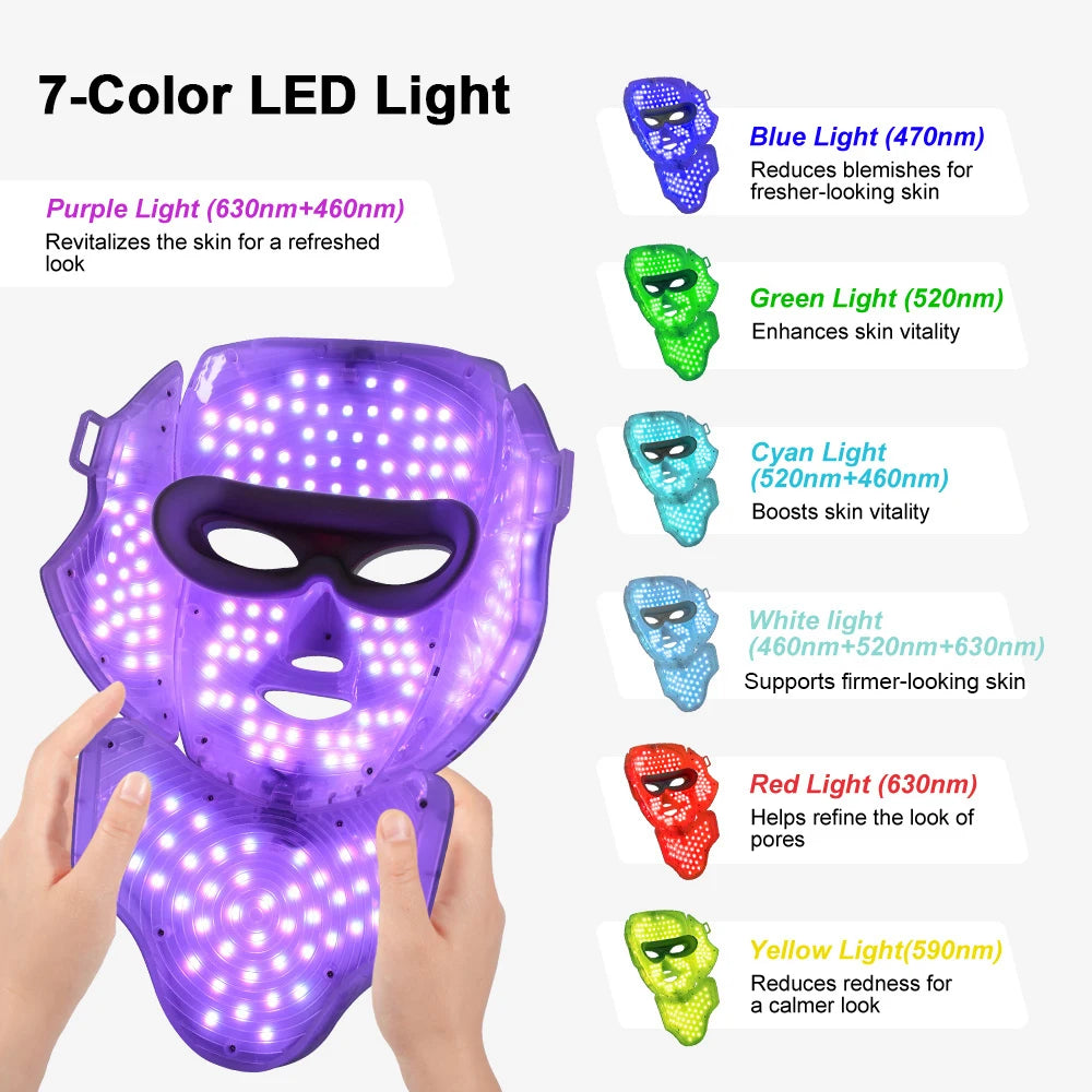 Wireless 7 Colors LED Face Neck Beauty Mask Removable Buckle Design Skin Firming Brightening Rejuvenation anti Aging Skin Care