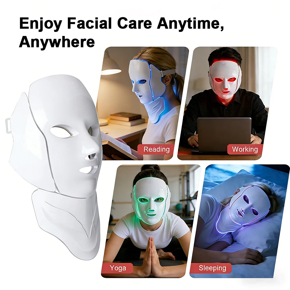 Wireless 7 Colors LED Face Neck Beauty Mask Removable Buckle Design Skin Firming Brightening Rejuvenation anti Aging Skin Care